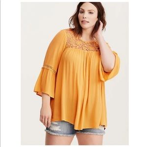 Torrid Yellow Lace Inset Gauze Blouse Bell Sleeve